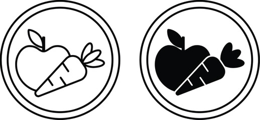 High Fiber Labels. Black and White Vector Icons. Apple and Carrot, Vegetables and Fruits. Cat's Food Properties. Food Packaging Sticker
