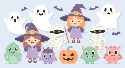 Cute Halloween characters: witches, ghosts, mummies, and monsters.