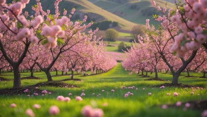 Naklejka premium Cherry blossom orchard with pink flowers, rolling green hills in the background, and a sunny landscape. Springtime scene with flowering trees and lush grass.