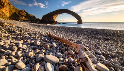 Rocky Beach with Natural Arch and Driftwood in Sunlight