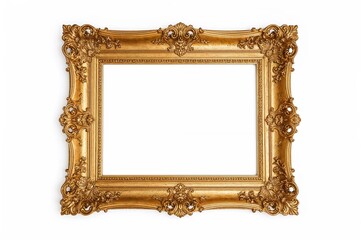 Luxurious vintage gold frame with ornamental baroque details, decorative antique picture border on white wall, elegant frame for art and photography

