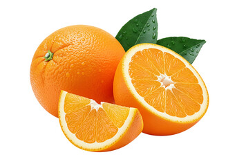 Whole orange fruit with half, slice and fresh green leaves with water drops. Isolated on transparent background, png
