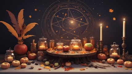 Christmas still life with glowing candles and festive autumn decorations