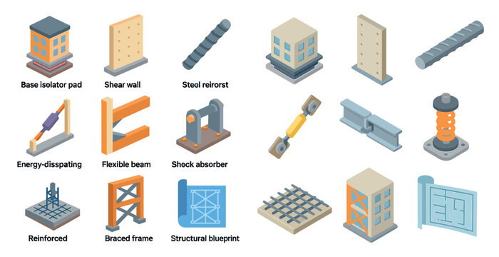 Construction and engineering 3d icons set – isometric, blueprint, architectural tools