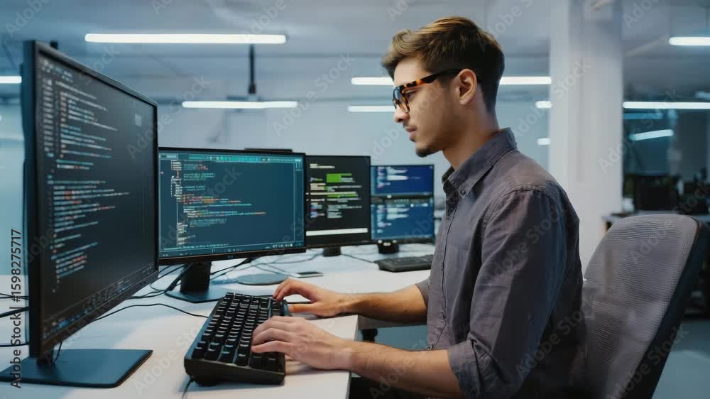 Poster focused programmer working software coding multi monitor computer setup modern office technology