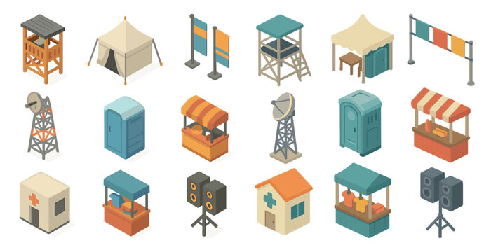 Outdoor event isometric icons set – flat, filled, festival and market symbols