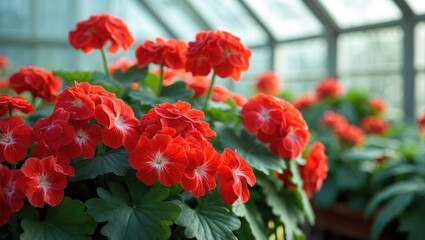 Fototapeta premium Red flowers in a greenhouse with green leaves and glass windows.