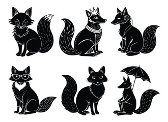 A cute vector illustration set of black and white domestic cat silhouettes, perfect for Halloween pet designs.