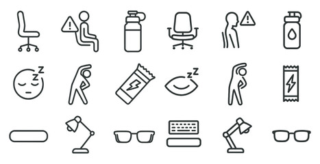 Fototapeta premium Ergonomics and health linear icons set – outline, workplace, comfort symbols