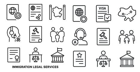 Immigration legal services outline icons set – visa, passport, government symbols
