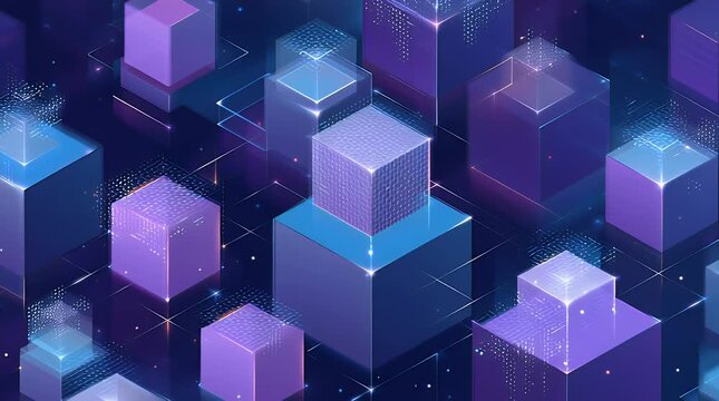 Abstract digital composition of interlocking cubes in shades of purple and blue