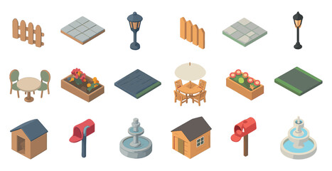 Outdoor furniture and decor icons set – isometric, garden, patio elements