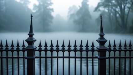 A fence with pointed spikes in front of a foggy lake and trees, creating a mysterious and tranquil scene.