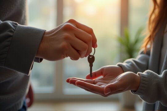 person hands over key to another's open palm against softly lit window backdrop. concept of trust, new beginnings, or property ownership. real estate, business presentation, lifestyle