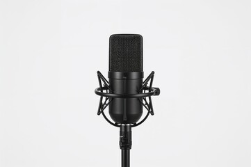 Professional dynamic microphone with cord isolated on white, audio recording equipment for music production, broadcasting and sound engineering
