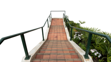 Outdoor Staircase with Green Railings and Lush Tropical Landscaping