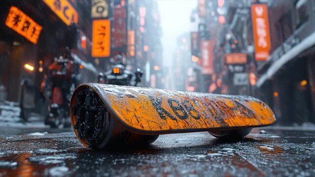 Futuristic city street; snow, rain, robots, and a damaged, orange hovercraft