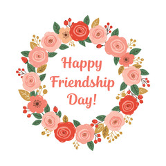 Happy friendship day floral greeting with sunflower and daisy wreath on beige background and handwritten style text
