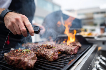 Chef using smart thermometer and voice-controlled assistant while grilling meat, 