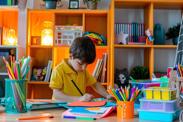 Boy organizing school supplies on desk