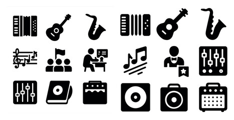 Fototapeta premium Music and instrument solid icons set – filled, sound, melody symbols