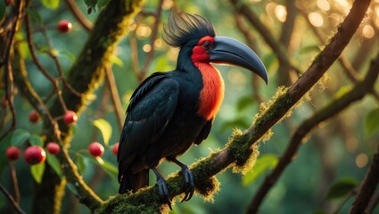 Fototapeta premium Colorful toucan perched on a tree branch in a lush, green forest setting.