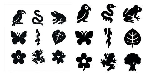 Nature and wildlife solid icons set – filled, silhouette, animal and plant symbols