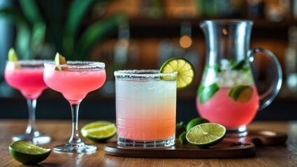 Fototapeta premium Colorful cocktails with lime slices and pitcher on a wooden bar counter, creating a vibrant and refreshing drink scene.