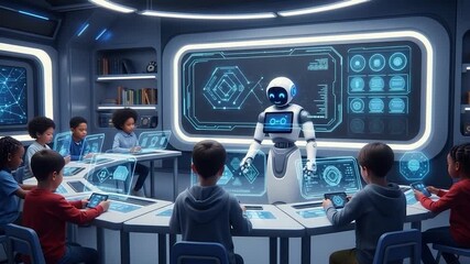 Children in a futuristic classroom learn from a robot teacher, using interactive screens and advanced technology. - Powered by Adobe