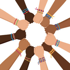 Hands of diverse group of people putting together. Concept of cooperation, unity, togetherness, partnership.