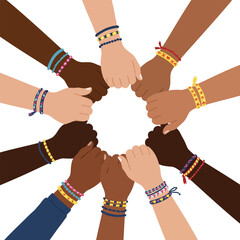 Hands of diverse group of people putting together. Concept of cooperation, unity, togetherness, partnership.