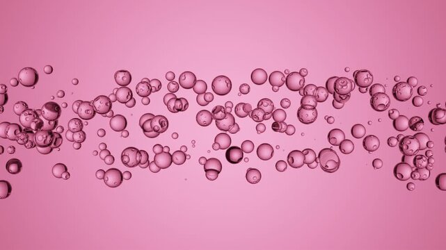 Seamless 3D Animation of Transparent Air Bubbles Aligned in a Row on a Soft Pink Background, Ideal for Modern Skincare, Cosmetic Product, and Scientific-Themed Abstract Motion Graphics