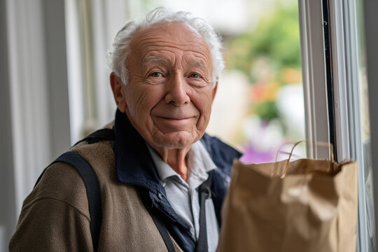 Elderly man receiving food delivery at door with kind expression, - Powered by Adobe