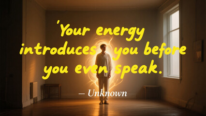 A man stands in a room with a quote about energy and speaking. The room is dimly lit and has a mysterious atmosphere