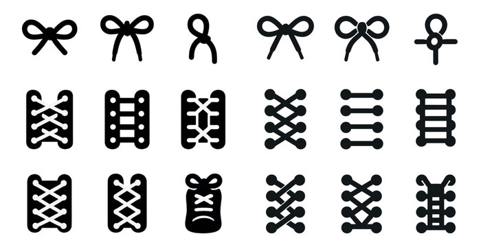 Shoe lace solid icons set – flat, filled, footwear and tying symbols