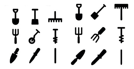 Obraz premium Garden tools filled icons set – solid, silhouette, gardening equipment symbols