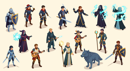Fototapeta premium A collection of stylized fantasy characters, including warriors, mages, and a wolf, posed in various stances.