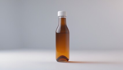 A brown glass bottle with a white cap against a light background.