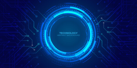 Neon light blue circle portal with electronics elements and wires are on a futuristic technology circuit board. Technology sky-fi background.