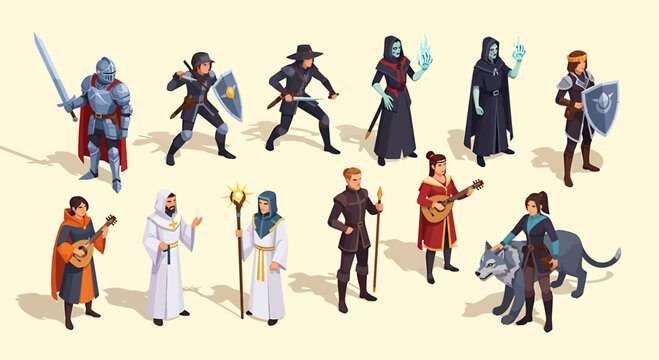 Isometric illustrations of diverse fantasy characters, including knights, mages, and musicians, showcasing various roles and attire.