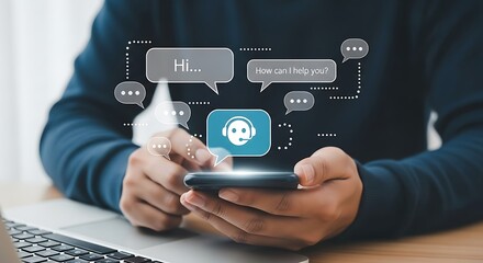 Person interacting with customer service chatbot on mobile device, showing virtual assistant technology and communication