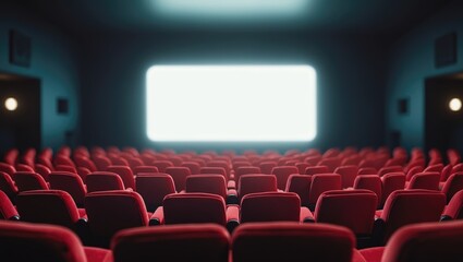 Fototapeta premium Empty movie theater with red seats facing a large illuminated screen, suggesting a cinematic or entertainment setting.