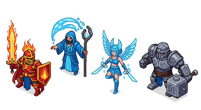 Fototapeta Isometric pixel art fantasy characters: fire knight, water mage, winged warrior, armored warrior.