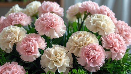 Obraz premium Pink and white carnations blooming with green leaves.