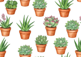 Watercolor Succulents and Cacti Seamless Pattern Illustration