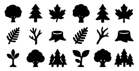 Fototapeta premium Nature and plant silhouette icons set – organic, tree, leaf graphics collection