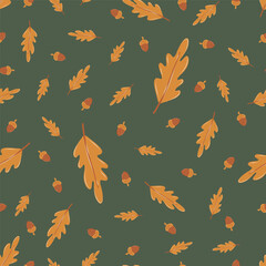 Obraz premium Autumn vector seamless pattern with yellow oak leaf and acorn on the green background.