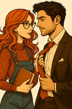 A charming, non-photorealistic illustration of a young woman with red hair and glasses playfully pulling on the tie of a man in a suit, suggesting a romantic or flirty interaction.