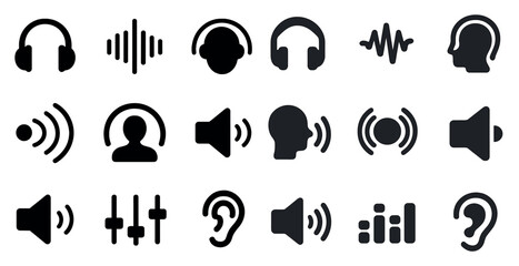 Audio and sound filled icons set – speakers, headphones, and acoustic symbols