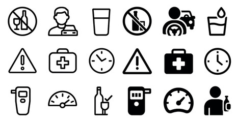 Alcohol awareness icon set – outline, silhouette, prevention and safety symbols